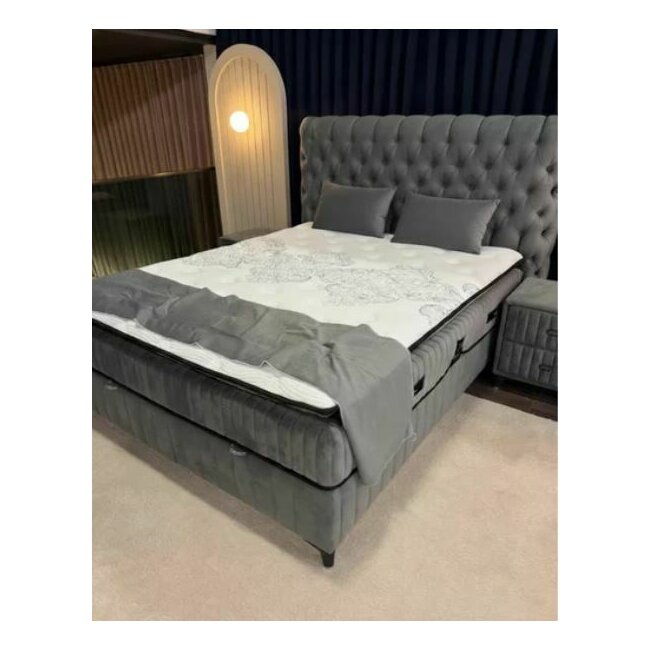 Pat Tapițat + Saltea gratis, Finesse, gri -180x200 cm, somieră rabatabilă și ladă depozitare