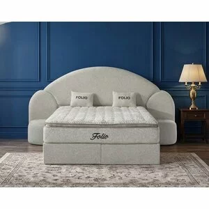 Pat tapițat cu Saltea Gratis, Folio 180x200 cm crem cu somieră rabatabilă, ladă depozitare