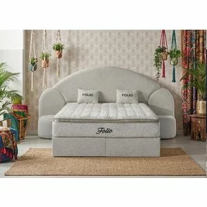 Pat tapițat cu Saltea Gratis, Folio 200x200 cm crem cu somieră rabatabilă, ladă depozitare