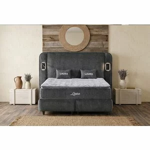 Pat tapițat cu Saltea Gratis,  Laura 140x200 cm gri cu somieră rabatabilă, ladă depozitare