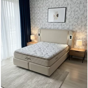 Pat tapițat cu Saltea Gratis,  Laura 160x200 cm Bej cu somieră rabatabilă, ladă depozitare