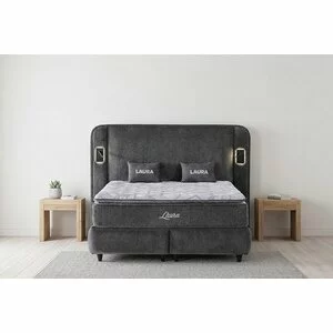 Pat tapițat cu Saltea Gratis,  Laura 160x200 cm gri cu somieră rabatabilă, ladă depozitare