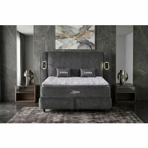 Pat tapițat cu Saltea Gratis,  Laura 180x200 cm gri cu somieră rabatabilă, ladă depozitare
