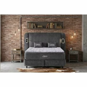 Pat tapițat cu Saltea Gratis,  Laura 200x200 cm gri cu somieră rabatabilă, ladă depozitare