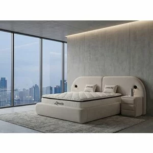 Pat tapițat cu Saltea Gratis,  Lemaire 140x200 cm crem cu somieră rabatabilă si ladă depozitare inclusă