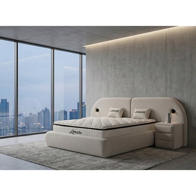 Pat tapițat cu Saltea Gratis, Lemaire 140x200 cm crem cu somieră rabatabilă si ladă depozitare inclusă