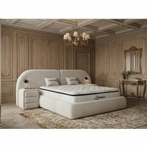 Pat tapițat cu Saltea Gratis,  Lemaire 180x200 cm crem cu somieră rabatabilă si ladă depozitare inclusă