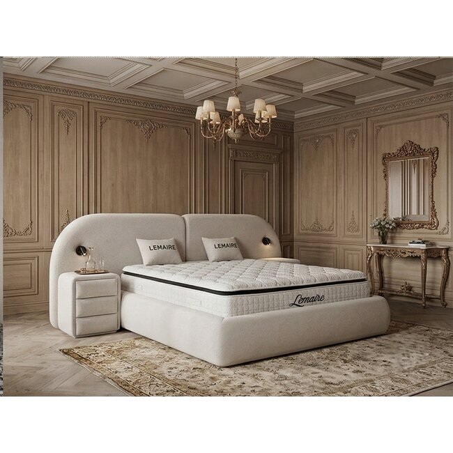 Pat tapițat cu Saltea Gratis, Lemaire 180x200 cm crem cu somieră rabatabilă si ladă depozitare inclusă
