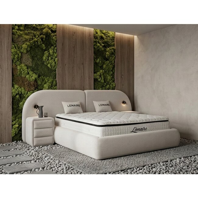 Pat tapițat cu Saltea Gratis, Lemaire 200x200 cm crem cu somieră rabatabilă si ladă depozitare inclusă