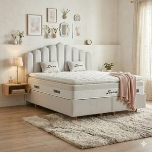 Pat tapițat cu Saltea Gratis,  Liora 160x200 cm crem cu somieră rabatabilă, ladă depozitare