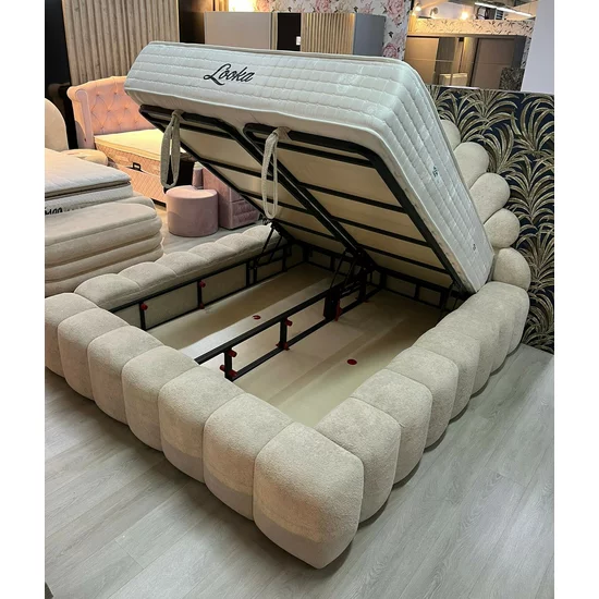 Pat tapițat cu Saltea Gratis,  Looka 180x200 cm crem cu somieră rabatabilă, ladă depozitare picture - 13