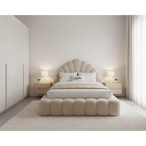 Pat tapițat cu Saltea Gratis, Looka 200x200 cm crem cu somieră rabatabilă, ladă depozitare