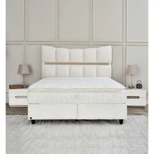Pat Tapițat + Saltea Gratis Max Comfort, bej - 160x200 cm, somieră rabatabilă, spațiu depozitare