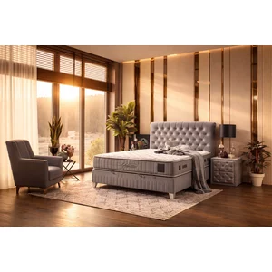 Pat tapițat cu saltea Gratis Sensitive 160x200 cm gri cu somieră rabatabilă, ladă depozitare