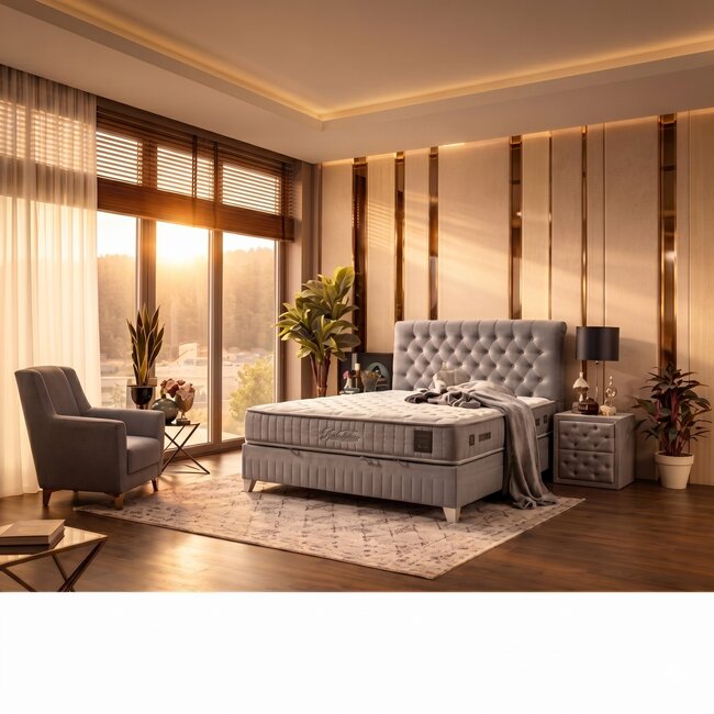 Pat tapițat cu saltea Gratis Sensitive 160x200 cm gri cu somieră rabatabilă, ladă depozitare