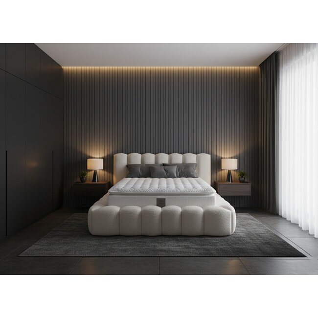 Pat tapițat Madonna 140x200 cm crem cu somieră rabatabilă, ladă depozitare