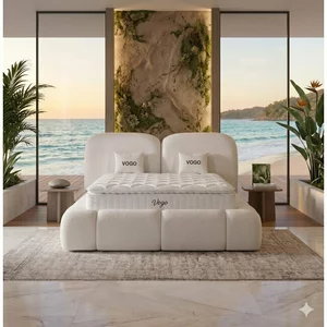 Pat tapitat Vogo - 200x200 cm, bej, cu  somiera rabatabila si  lada de depozitare