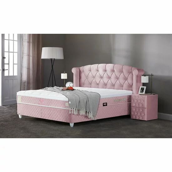 Pat tapițat Visco 160x200 cm roz, cu ladă depozitare și somieră rabatabilă picture - 3