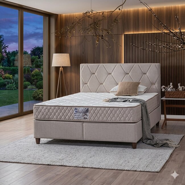 Pat Yakut, crem - 180x200 cm, design modern, capitonare premium, spatiu depozitare