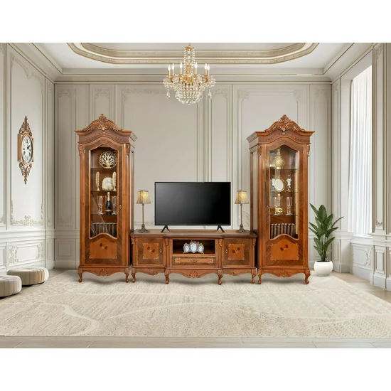 Set comodă și 2 vitrine Plasma Milly din lemn masiv fag, panel și MDF, furniruit cu furnir de nuc, 176x47,5x67,3 cm picture - 2