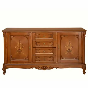 Bufet 2 uși și 4 sertare Principesa, compartimentare practică, lemn masiv paltin + MDF furniruit, 177.5x54x90 cm, nuc