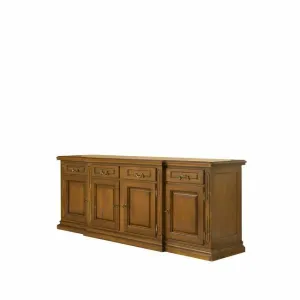 Bufet Mara cu 4 uși din lemn masiv fag, panel și MDF, furniruit cu furnir de nuc, 233x58x88 cm