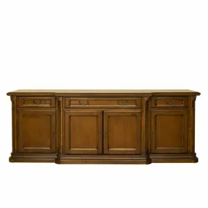Bufet Sonia cu 4 uși din lemn masiv fag, panel și MDF, furniruit cu furnir de nuc, 229,5x56,5x83,5 cm