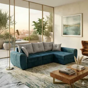 Colțar Milano Tip 1 extensibil - 260x160 cm, cu ladă de depozitare, tapițerie stofă rezistentă, saltea poliuretanică, structură fag