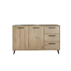 Comodă Kos cu 3 sertare și un dulap, finisaj stejar și detalii moderne, 138x41x86 cm