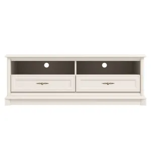 Comodă TV Sonata new, design elegant, 2 sertare + 2 nișe, structură PAL laminat + MDF, glisiere cu bile, 150x55x54 cm, Cashmire