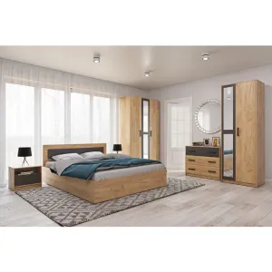 Dormitor Viva, set complet mobilier dormitor, dulap spațios, pat și noptiere incluse, structură PAL melaminat + MDF, 209x120x50 cm, Gold Craft