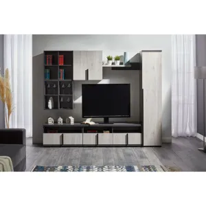Living Duet, alb samoa - gri, compact cu dulapuri si comodă TV, PAL Melaminat