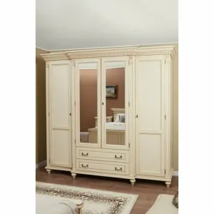 Dulap Floris cu 4 uși din lemn masiv fag și tei, 234x67x218 cm crem platinat, cu sculptură manuală