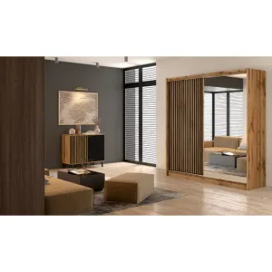 Dulap London cu oglindă, 2 uși glisante, PAL melaminat, 203x60x215 cm, negru