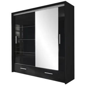 Dulap Marsylia cu uși glisante, design modern și PAL melaminat, 208x61x222 cm, negru lucios