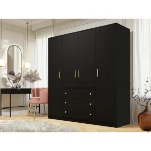 Dulap Retro D4 cu 3 sertare, șină și rafturi, bandă decorativă și carcasă laminată, 196x58x200 cm, negru