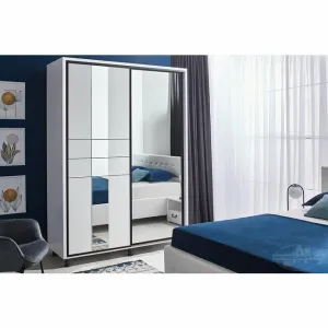 Dulap Rio, alb - 160/224 cm, cu uși glisante, oglindă mare și picioare metalice, PAL melaminat