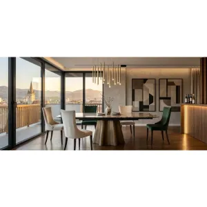 Masă dining 6414 extensibila, modernă cu picior central auriu, blat ceramic