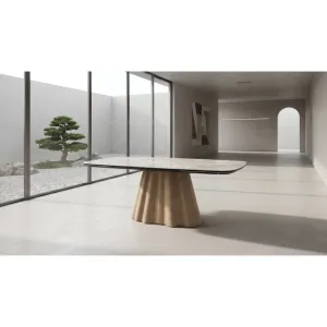 Masă dining 6414 extensibila, modernă cu picior central auriu, blat ceramic