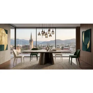 Masă dining 6513G fixa, modernă cu picior central auriu, blat ceramic