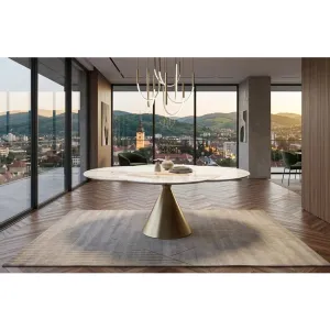 Masă dining 6903 extensibila, modernă cu picior central auriu, blat ceramic