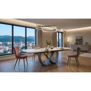 Masă dining 6905 extensibila, modernă cu picior central auriu, blat ceramic