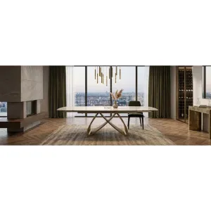 Masă dining extensibilă, modernă cu picior central auriu, blat ceramic