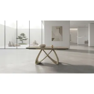 Masă dining extensibilă, modernă cu picior central auriu, blat ceramic