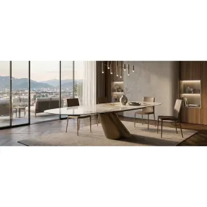 Masă dining fixa, modernă cu picior central auriu, blat ceramic