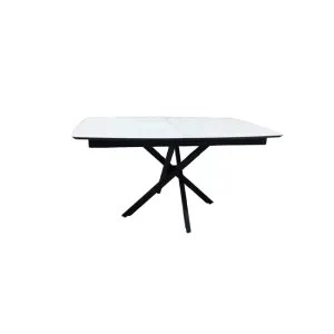 Masă extensibilă Filis, blat MDF alb lucios, bază metalică, 145/185x90x76 cm, Marmo Super Mat