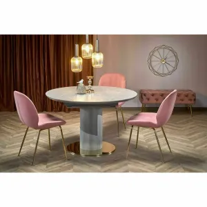 Masă Muscat rotundă extensibilă, blat ceramică marmură gri, structură MDF lacuit și metal, 120-160x120x76 cm, gri/auriu