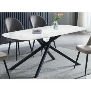 Masă Shany extensibilă, blat sticlă securizată cu strat ceramic, structură metalică, 140-200x90 cm, efect marmură