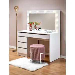 Masă toaletă Hollywood XL, structură PAL melaminat, sistem iluminat inclus, 120x55x140 cm, alb