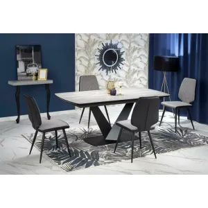 Masă Vinston extensibilă, blat rezistent și picioare solide, material MDF lăcuit și HPL, 180-230x95x76 cm, negru-gri